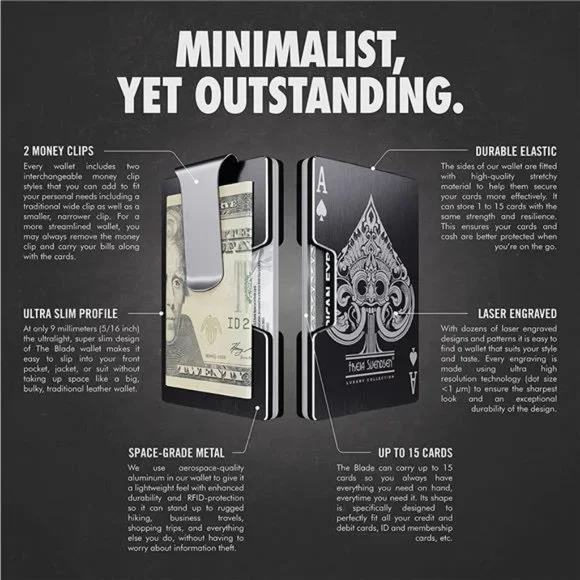 The Blade Minimalist Aluminum Wallet, Metal Blocking Card Holder and Money Clip